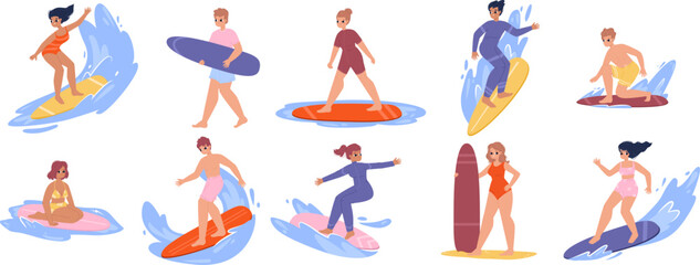 Cartoon surfers on surfboards. Surfing characters, summer teenagers active life. Young adults with surf, sea or ocean sport. Snugly vacations vector people