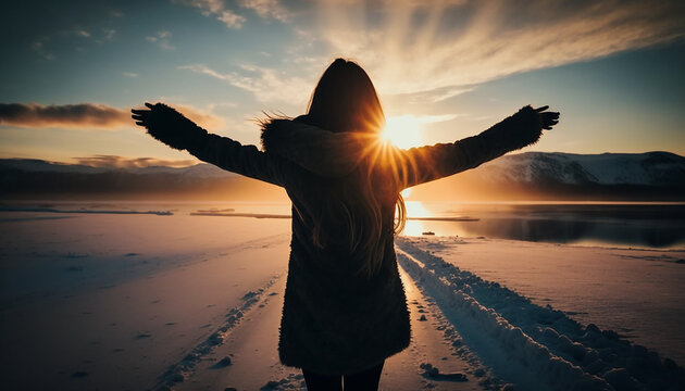 Free woman with positive mindset, wellbeing and hope concept. Happy young woman in nature at sunrise, arms outstretched. Back view, long hair, in a peacefull and natural enviroment.