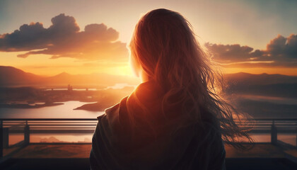 Girl on the sunset, watching the sunrise contemplating.