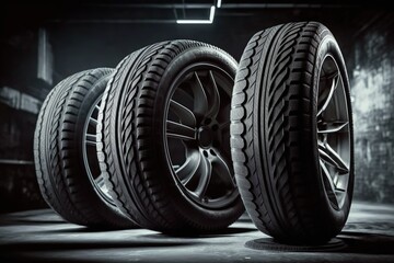 Car tires are in front of workshop  - obrazy, fototapety, plakaty