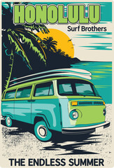 Surfing car and palm tree. Retro van with surfboard 