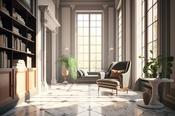 Modern living room with armchair and large windows - Generative AI