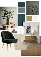 Interior collage. Mood board interior of living room. interior furniture, plants and finishing materials with copy space - Generative AI