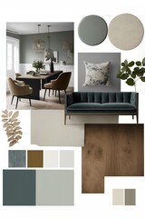 Interior collage. Mood board interior of living room. interior furniture, plants and finishing materials with copy space 