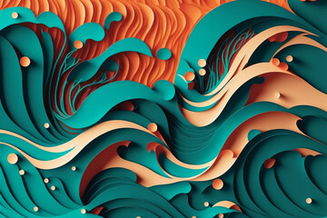 papercut wavy background with orange and teal color tones, generative AI, generative, AI