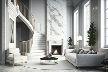 Fototapeta na wymiar living room of a luxury home with elegant spiral staircase and marble fireplace - generative ai