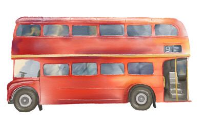 Red bus in London city watercolor element transparent background