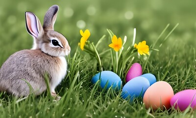 Fototapeta premium petit lapin jonquilles et oeufs de paques