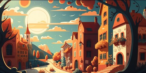 Small fairytale town. Fiction backdrop. Concept Art. Realistic Illustration. Video Game Digital CG Artwork. Industry scenario - Generative AI