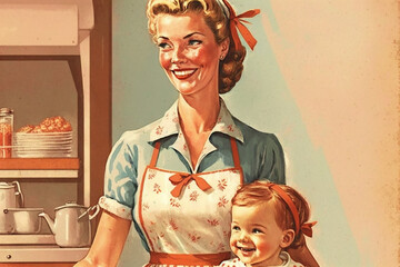 Cheerful vintage style illustration showing happy mother and child standing in the kitchen. Happy housewife concept of the 1950s. Made with generative AI.