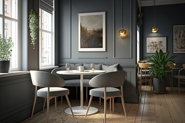 Interior of an elegant and modern restaurant, scandi style with gray wainscoting walls - generative AI