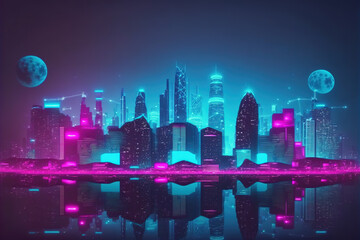 Plakat Futuristic city with neon light pink and blue illuminated skyline . Sublime Generative AI image .