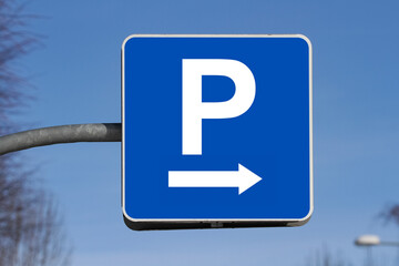 Parking sign showing free places. Traffic parking sign with clean sky