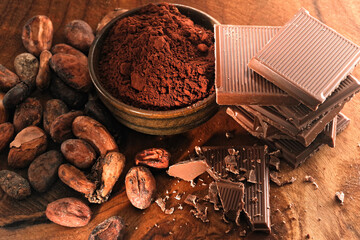 Cocoa beans and heap of Cocoa powder on a wooden background