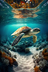 Fototapeta premium image, turtle in crystalline waters, ai generative
