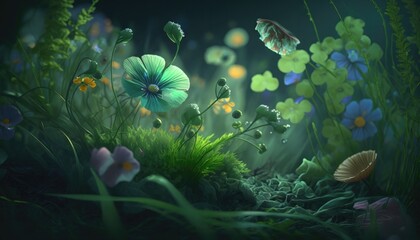 Obraz na płótnie Canvas Enchanted Garden, green grass and boke, relaxing and refreshing nature, flowers, macro, Generative AI