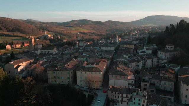 Italy, February 2023: aerial view of the medieval village of Pergola in the province of Pesaro Urbino in the Marche region