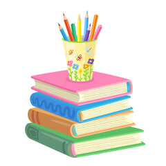 A large stack of books and a glass of colored pencils on it. In cartoon style. Isolated on white background. Vector flat illustration