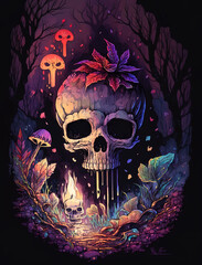 Giant Skeleton Skull Art with Colorful Mushrooms and Plants Growing Around, Trippy, Artistic, Horror