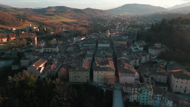 Italy, February 2023: aerial view of the medieval village of Pergola in the province of Pesaro Urbino in the Marche region