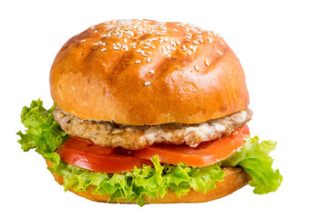 Burger with meat, tomato and lettuce. Juicy chicken in a grilled burger