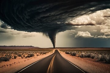 image, road in the desert and in the background a big tornado,generative ai