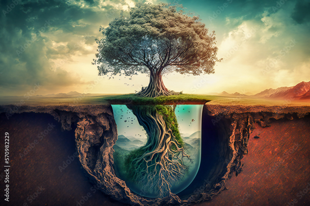 Poster surreal majestic tree with its roots growing in a world beneath the ground. created with generative 