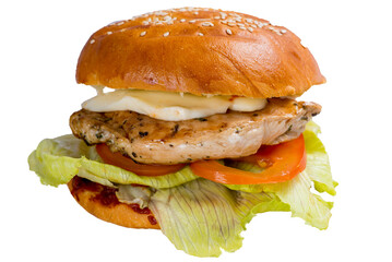 Burger with grilled chicken meat, tomato and lettuce. Juicy chicken in a grilled burger