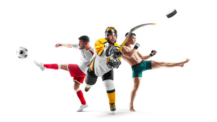 Sport in action. Hockey, soccer, MMA. Professional athletes. Sport collage. Isolated in white