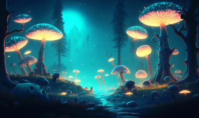 Obraz na płótnie Canvas An ethereal night scape of tall trees, shrouded in mist and dotted with glowing mushrooms
