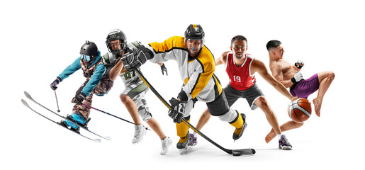 Sport in action. Skiing, american football, hockey, basketball, MMA. Sport emotion. Professional athletes. Sport collage. Isolated in white