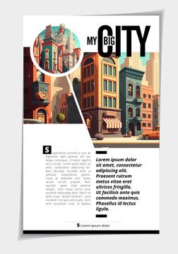 Business magazine, brochure layout with urban landscape. Vector illustration