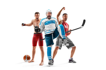 Sport winners. Sport collage of professional athletes. Hockey, MMA, basketball. Sport emotion. Isolated