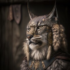 A closeup portrait of a lynx dressed in old ethnic military clothes, heroic look general. Generative AI