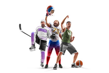 Sport winners. Sport emotion. Sport collage of professional athletes. Football, hockey, basketball
