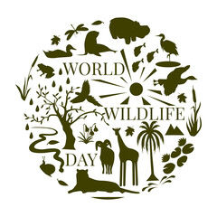 World Wildlife Day. Silhouettes of wild animals and plants. Wildlife Day poster, 3 March.