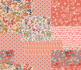 patchwork floral pattern with flower, geometric and handmade motifs. boho style pattern for textil and decoration - obrazy, fototapety, plakaty