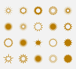 Gold Sun Icons And Sunburst Collection. Vector Illustration Isolated On White Background. Hot Weather Sign