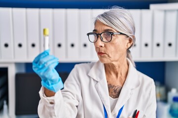 Middle age grey-haired woman scientist holding test tube at laboratory