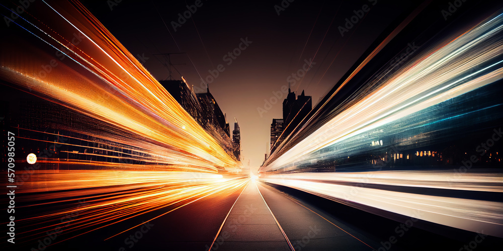 Wall mural abstract long exposure dynamic speed light trails in an urban environment. generative ai