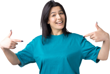 Portrait of a beautiful girl in a blue t-shirt, looks aside with pensive expression, is considering a plan for further action.