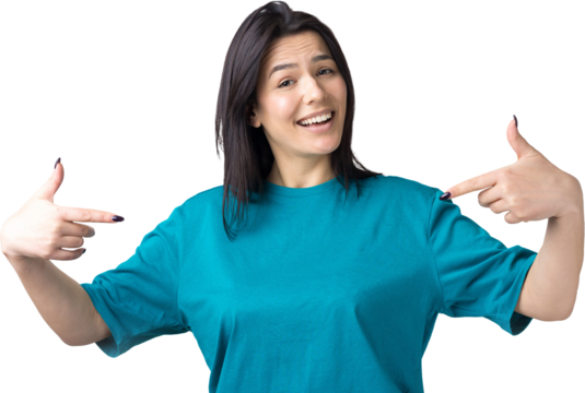Portrait of a beautiful girl in a blue t-shirt, looks aside with pensive expression, is considering a plan for further action.