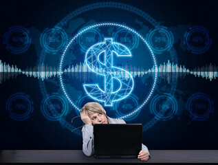 Businesswoman with problems working in office with glowing virtual screen with dollar symbol