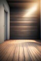 Empty old wooden plank wall 3d rendering, It has concrete floor, Behide floor is a tropical garden, sunlight shine into the room - generative ai