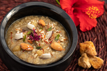 Gur Ki Kheer Also Called Jaggery Rice Pudding, Nolen Gurer Payesh, Rasiyav, Gud Wali Chawal Ki Khir, Rasiya, Ras Bakheer, Rasiyaw, Payasam Made Of Basmati Rice, Milk, Sugar, Jaggery, Gulab JalIn, Ghee