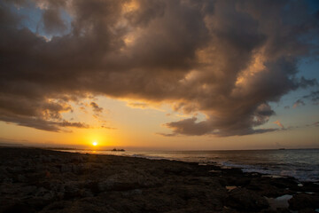 Landscape with sunrise, big cloud and ship in the background, Cyprus
