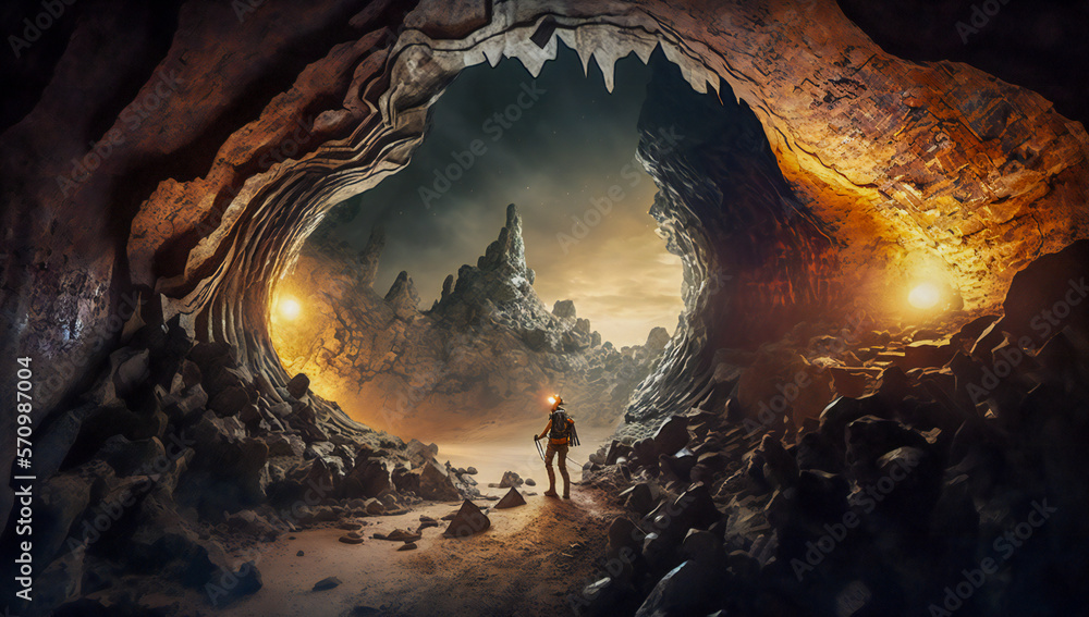 Poster exit from a cave. created with generative ai technology.