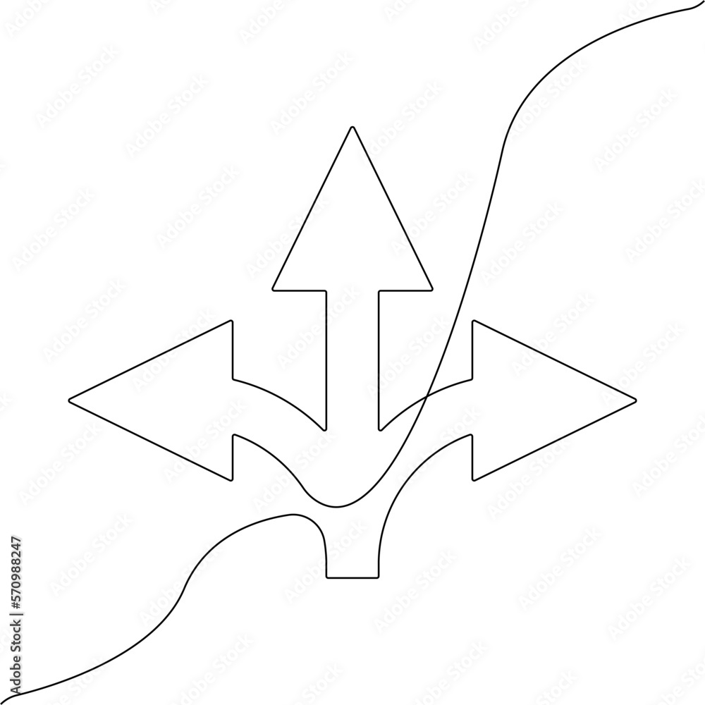 Poster arrows in three directions icon line continuous drawing vector. one line arrows in three directions 