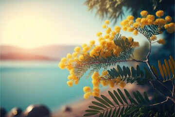 close up of yellow flower, beach and sunset in the background, generative AI