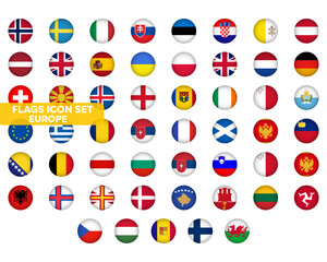 Europe Flag Icons Set. European Countries Circled Flags - Ukraine, UK, Germany and other. Stock Vector Graphics Element. 52 symbols